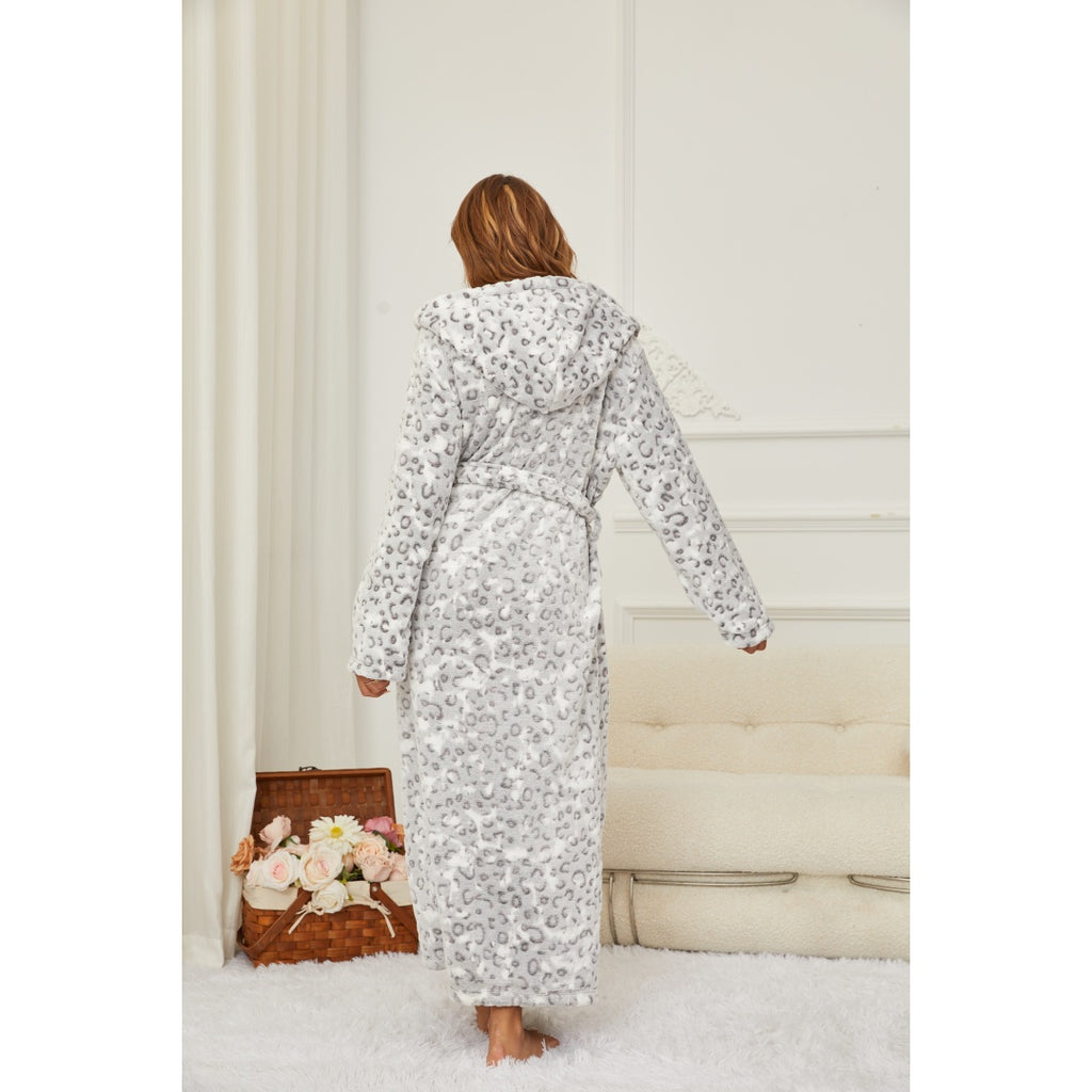 Women’s Long Fleece Bathrobe – Hooded Leopard Print Robe with Belt