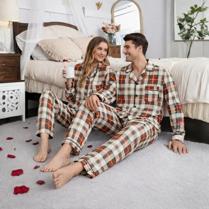 Couples Plaid Pattern Long-Sleeve Pajama Set – Matching Sleepwear Outfit