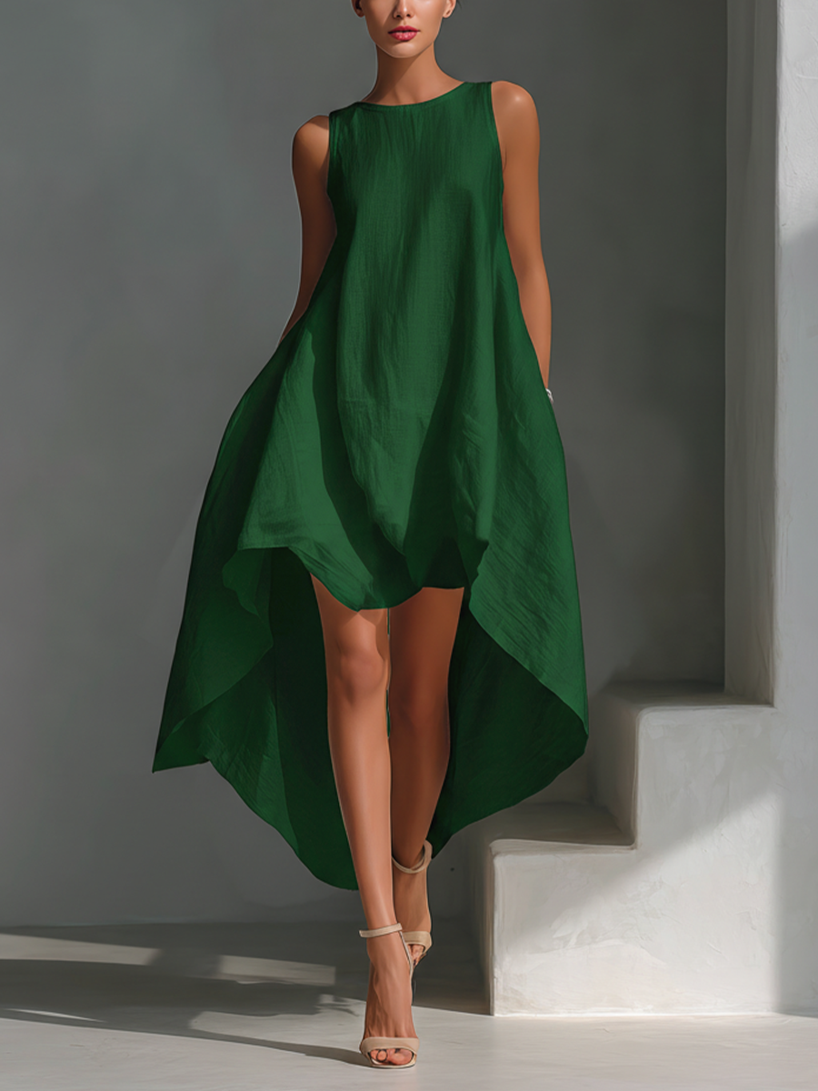 Women's Sleeveless Linen Midi Dress - Round Neck Asymmetric Hem Style