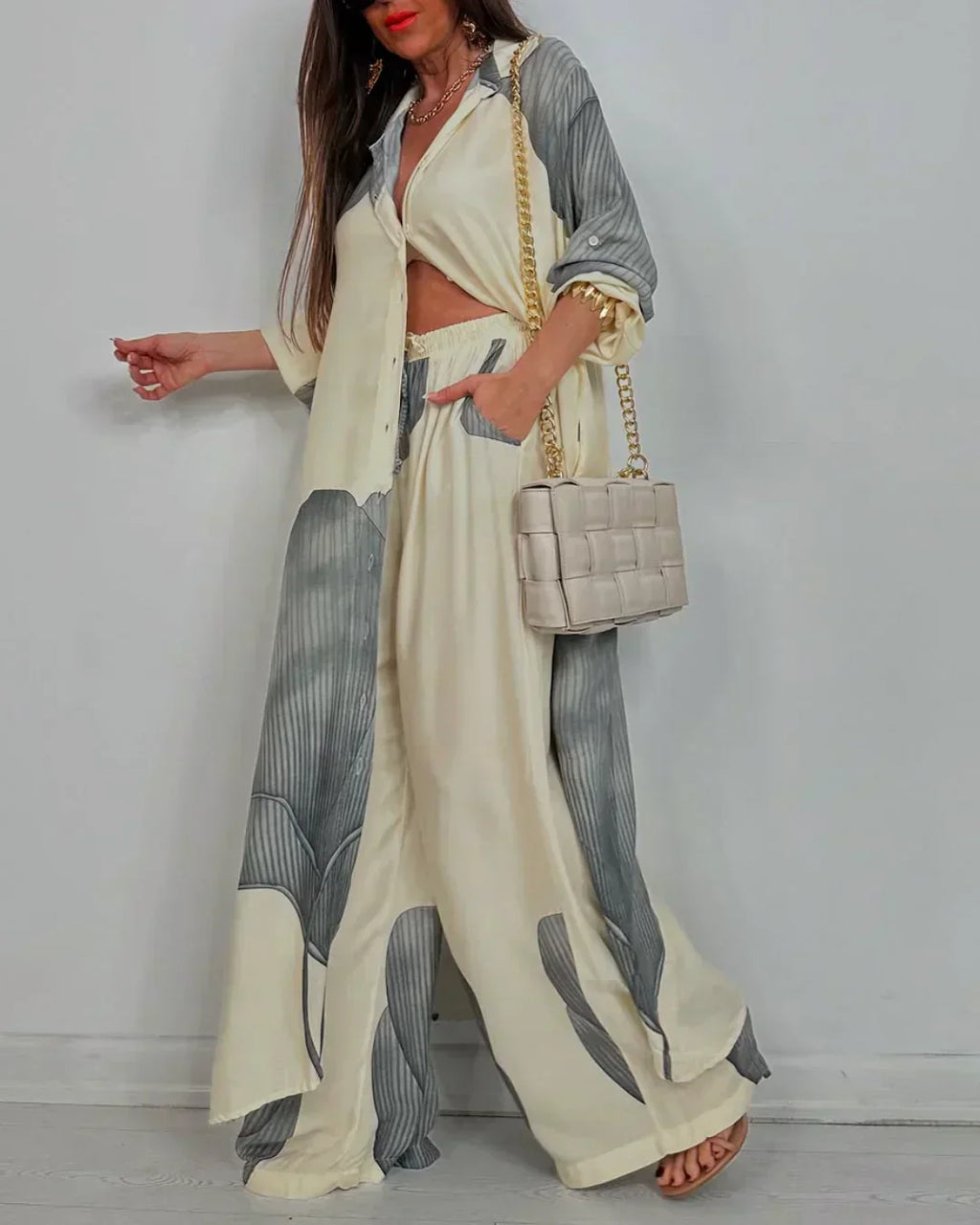 Women's Two-Piece Outfit Set - Button Shirt and Wide Leg Pants Matching Set
