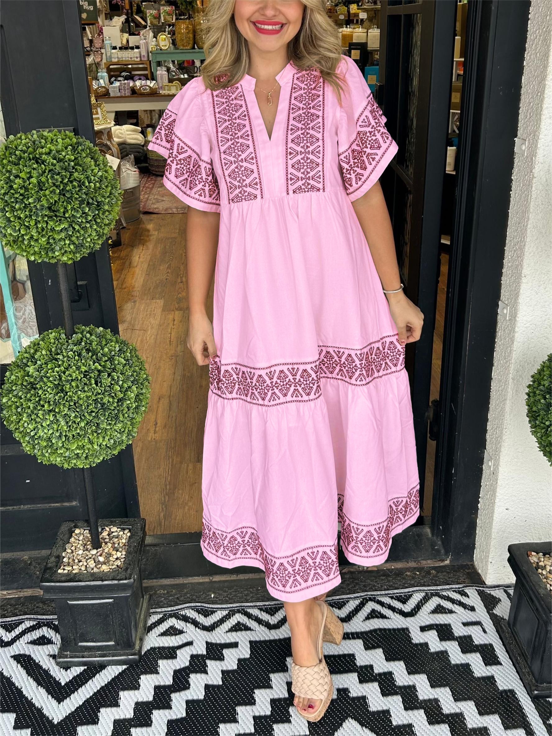 Women's Embroidered V Neck Boho Maxi Dress – Flowy Vacation Dress