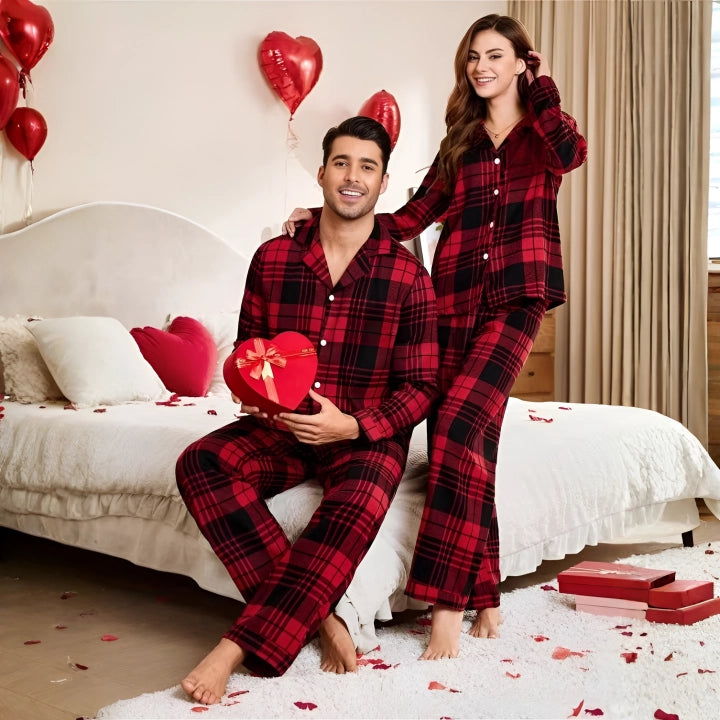 Couples Plaid Lapel Pajama Set – Casual Matching Sleepwear Outfit