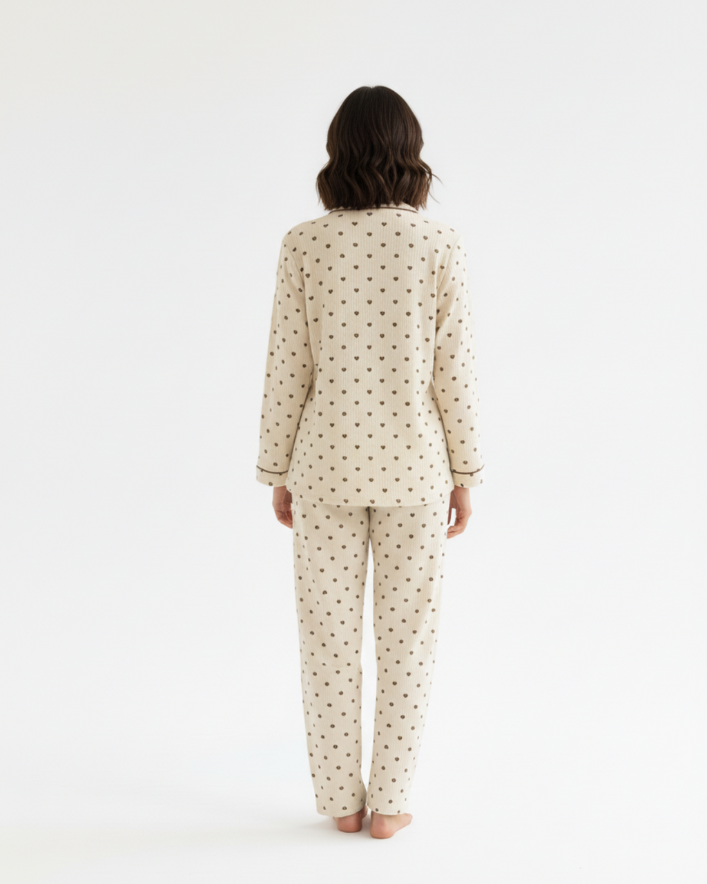 Women’s Beige Heart Print Pajama Set – Long Sleeve Button Down Top and Pants