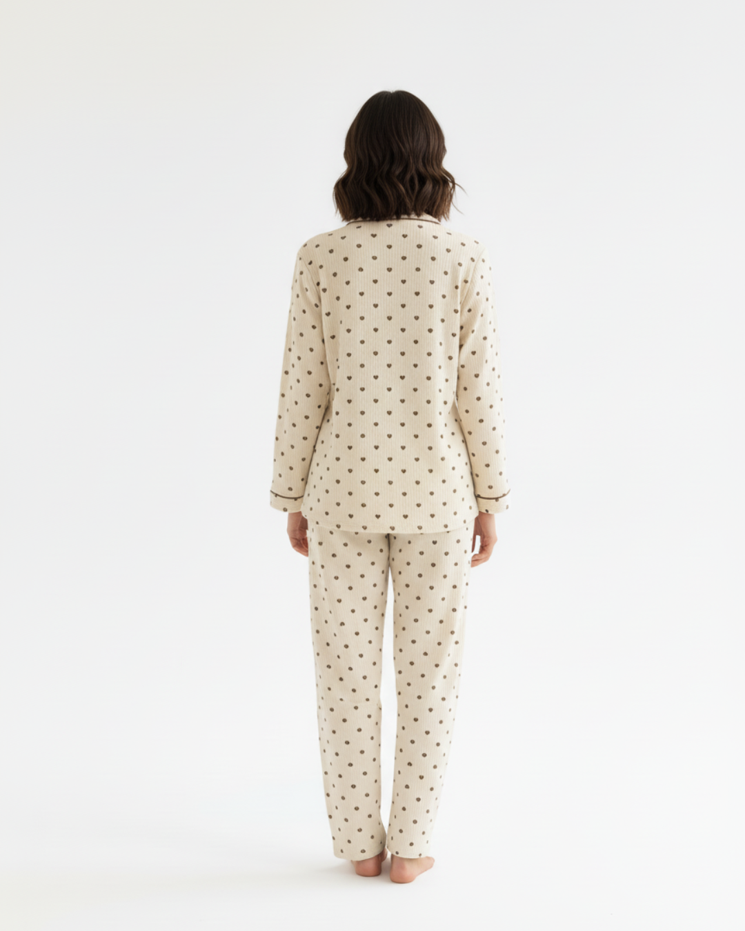 Women’s Beige Heart Print Pajama Set – Long Sleeve Button Down Top and Pants