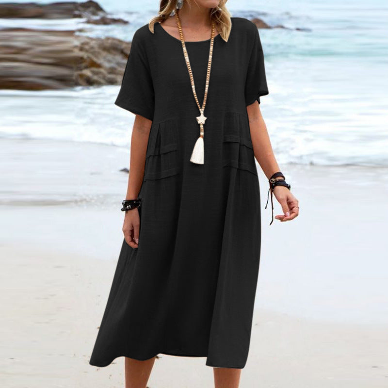Women's Breathable Cotton-Linen Midi Dress – Relaxed Short-Sleeve Beach Style