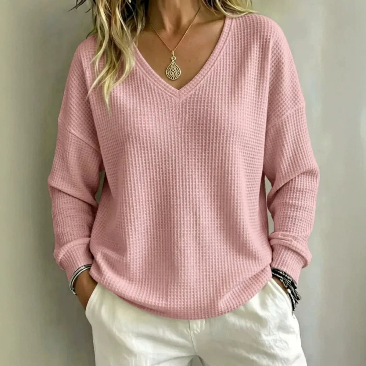 Women’s Casual V-Neck Pullover Top – Relaxed Comfortable Everyday Style