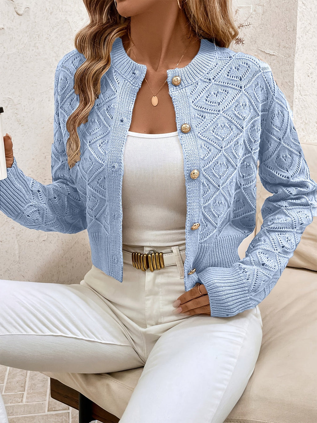 Buttoned Openwork Cardigan - Elegant and Light