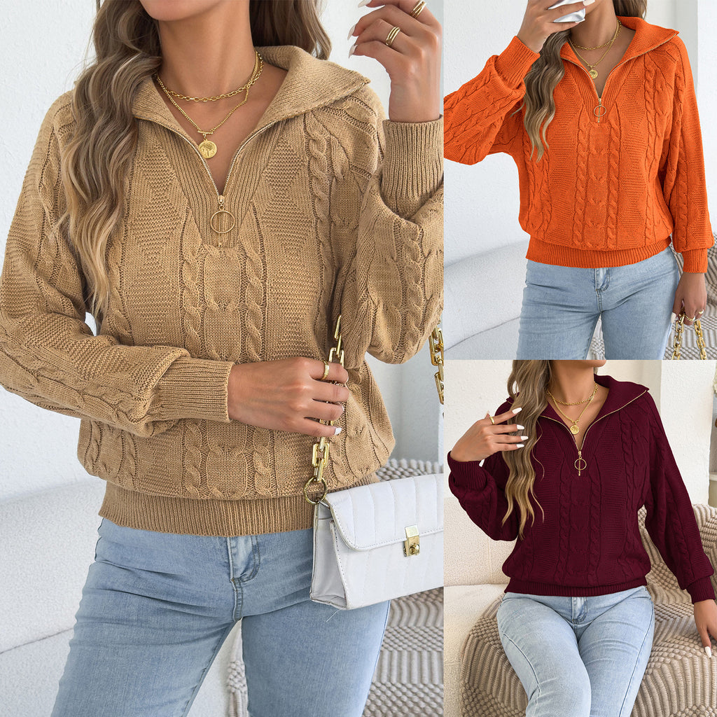 Cable-Knit Zip Collar Sweater - Cozy and Practical