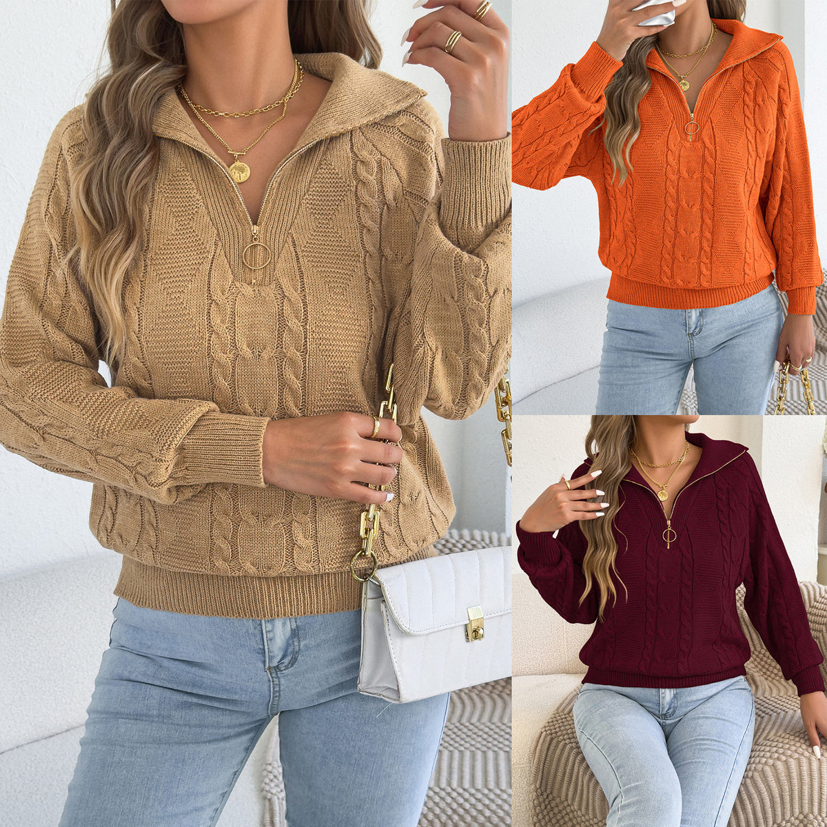 Cable-Knit Zip Collar Sweater - Cozy and Practical