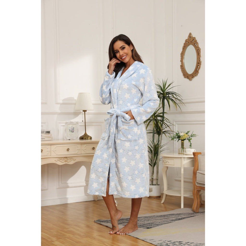 Women’s Star-Pattern Blue Fleece Bathrobe – Lightweight Cozy Spa and Home Robe