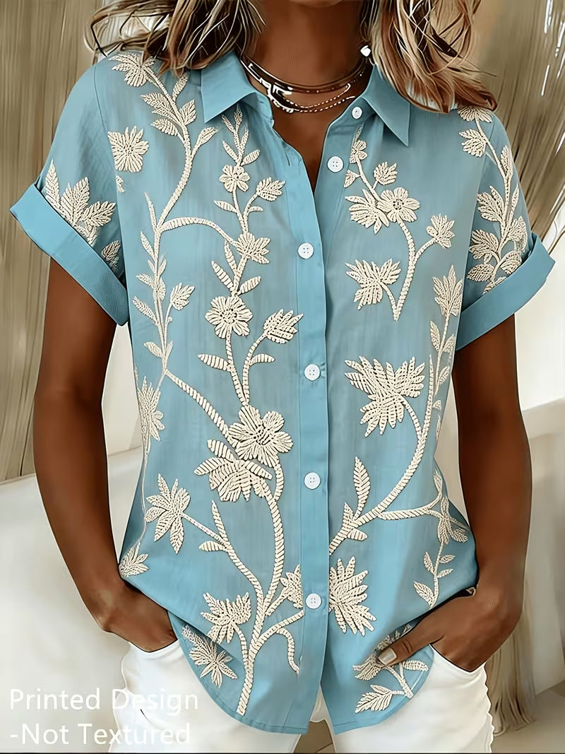 Women's Floral Short Sleeve Blouse - Leaf Print Relaxed Summer Top