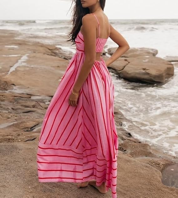 Women's Pink Striped Maxi Dress – Flowy Pleated Summer Sundress with Contrasting Stripes