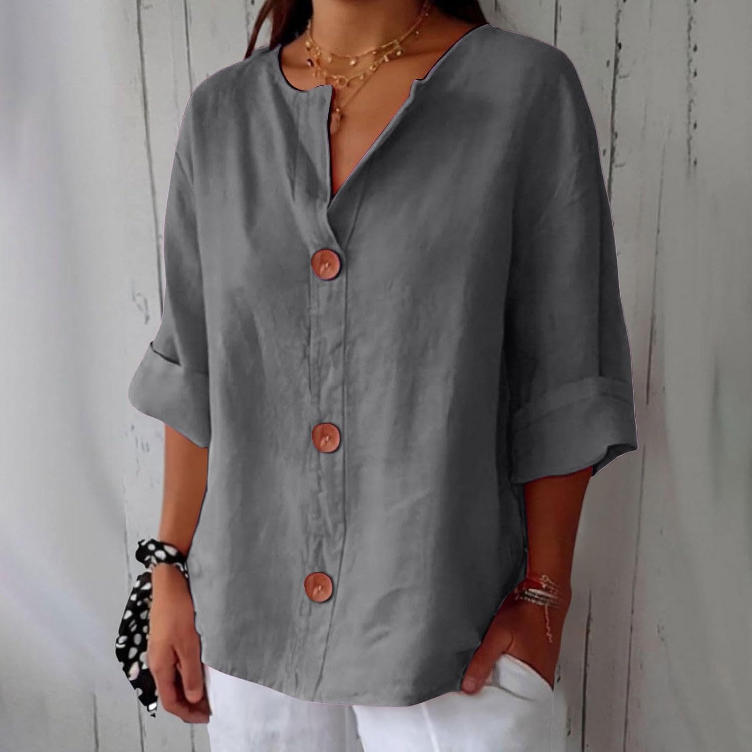 Women's Beige Linen Notch-Neck Button-Down Blouse