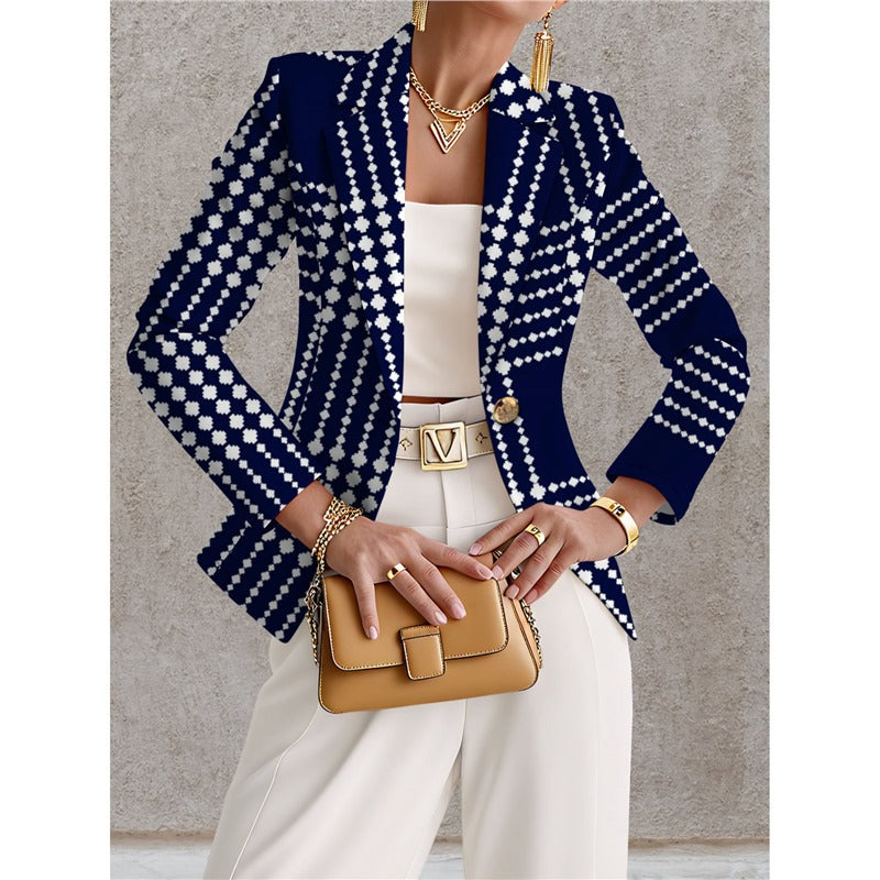 Women’s Navy Blue & White Polka Dot Blazer – Chic Elegant Casual Style
