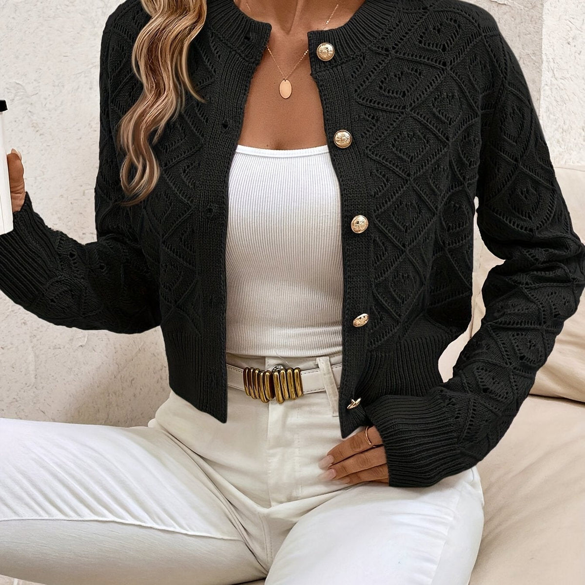 Buttoned Openwork Cardigan - Elegant and Light