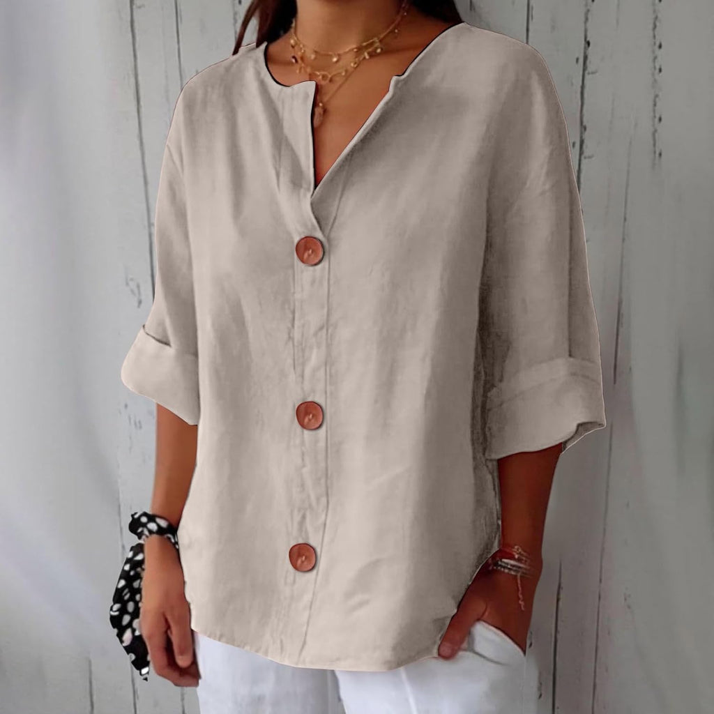 Women's Beige Linen Notch-Neck Button-Down Blouse