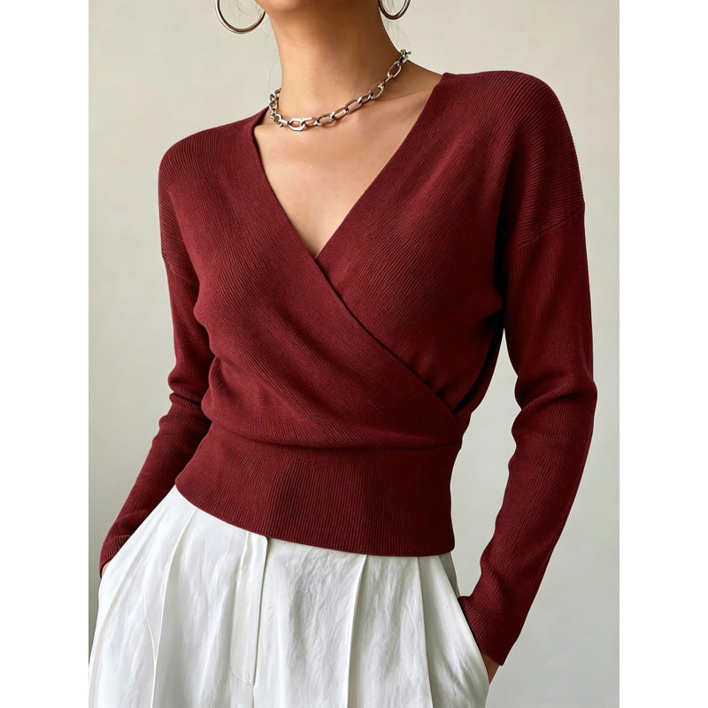 Cross-Neck Waist-Cinching Knit Sweater - Soft and Shaped