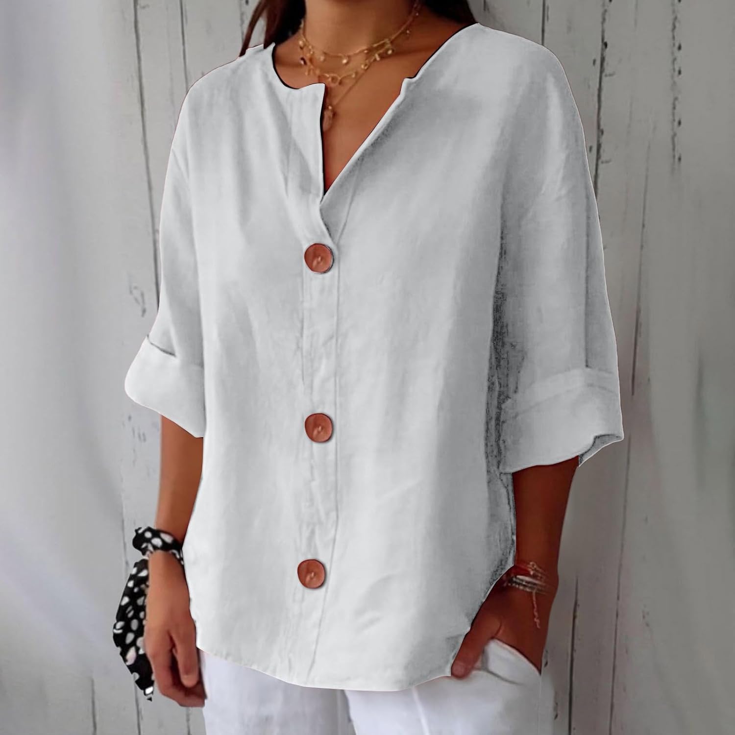 Women's Beige Linen Notch-Neck Button-Down Blouse