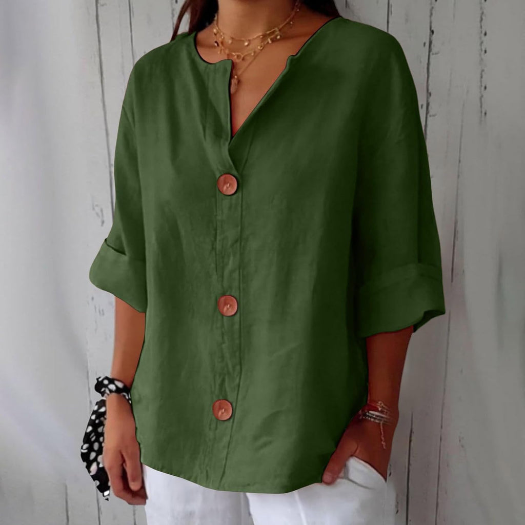 Women's Beige Linen Notch-Neck Button-Down Blouse