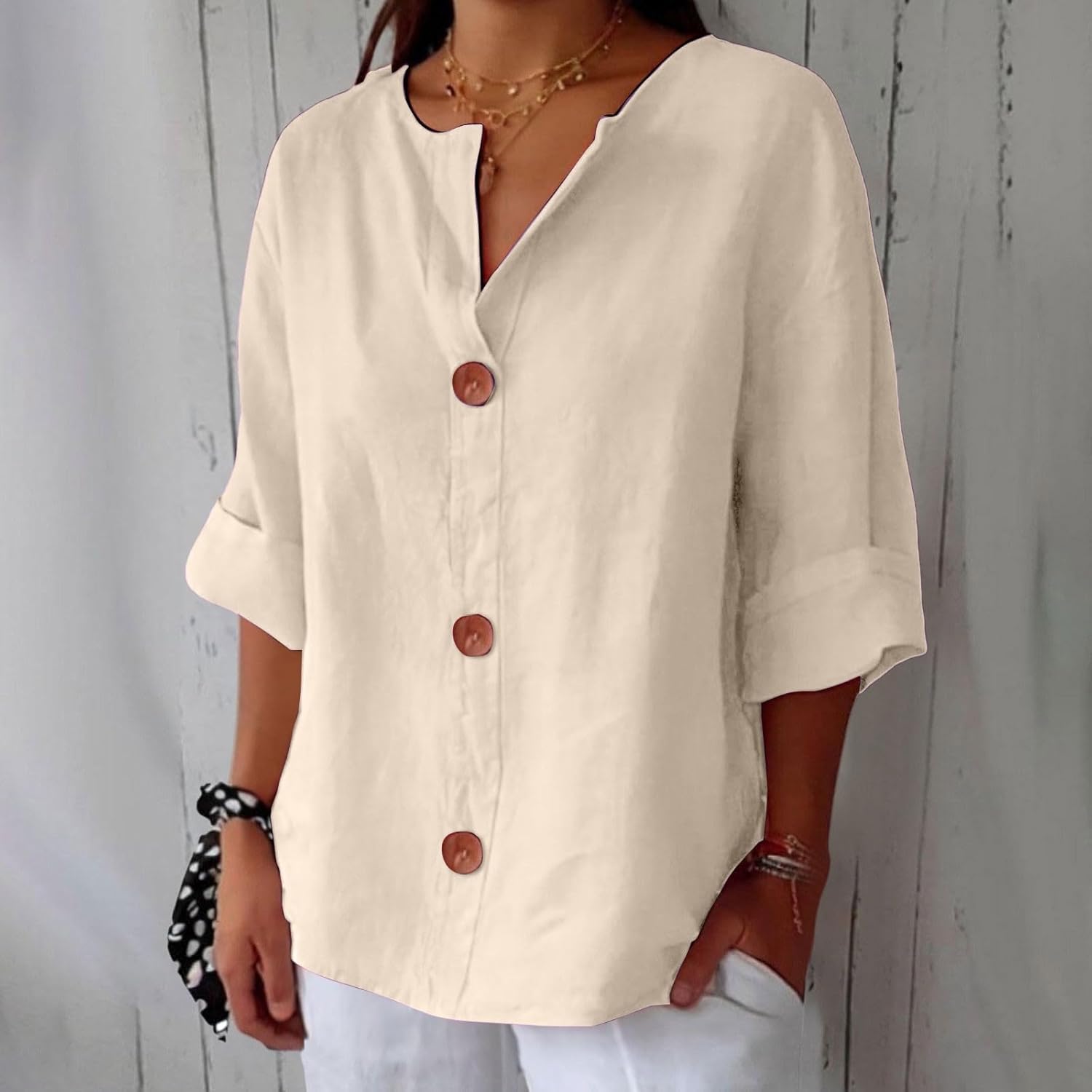 Women's Beige Linen Notch-Neck Button-Down Blouse