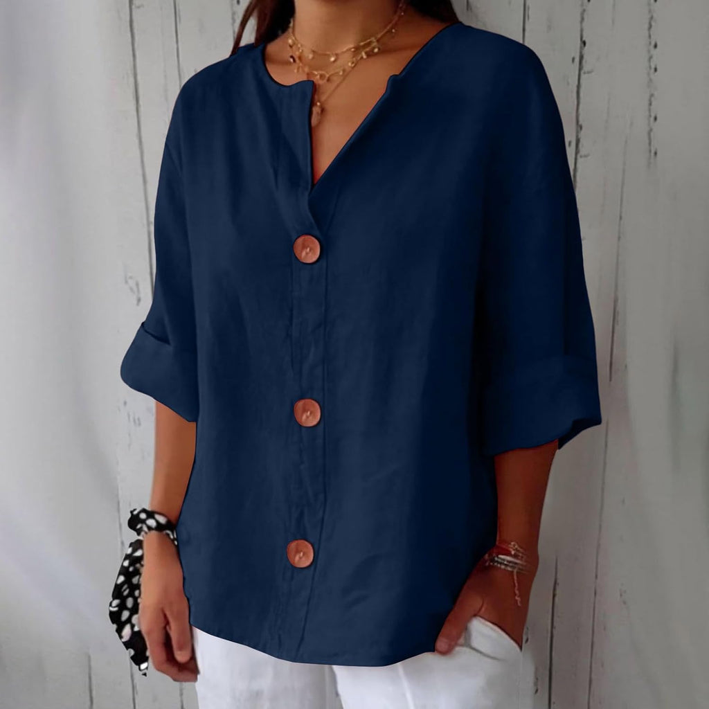 Women's Beige Linen Notch-Neck Button-Down Blouse