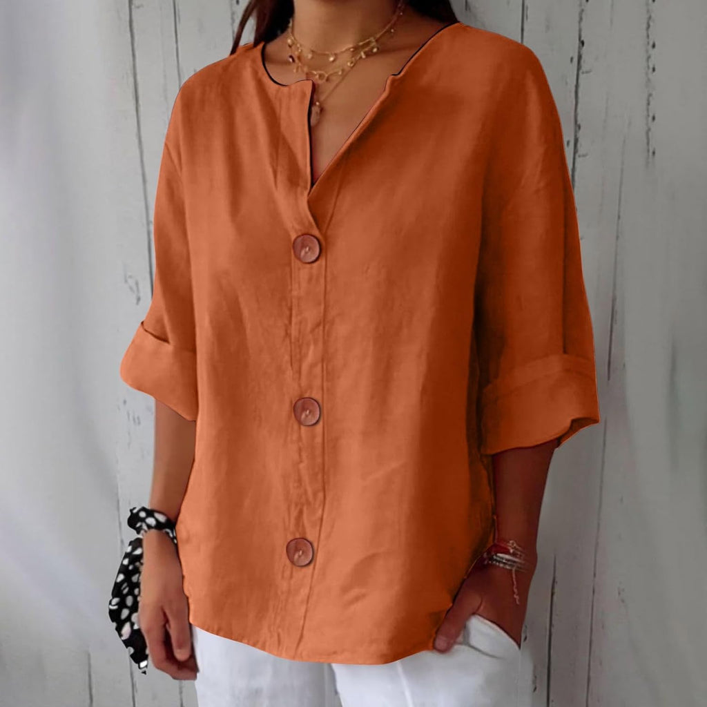 Women's Beige Linen Notch-Neck Button-Down Blouse