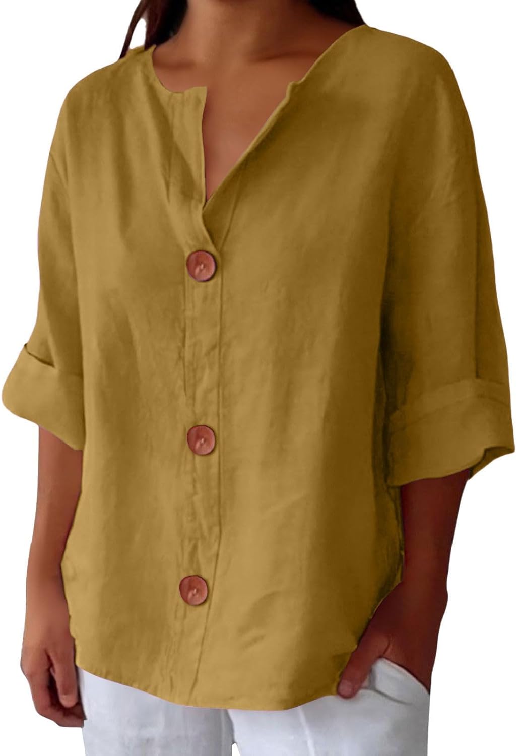 Women's Beige Linen Notch-Neck Button-Down Blouse
