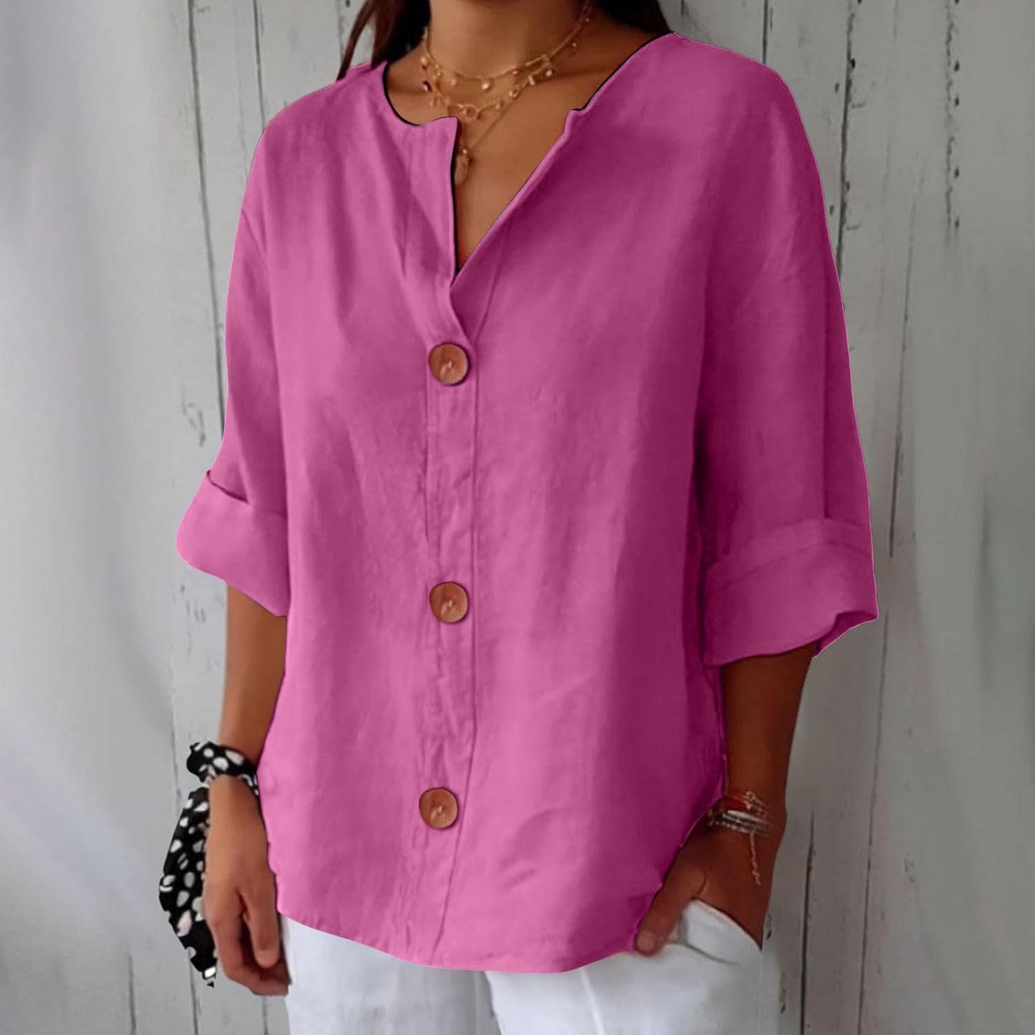 Women's Beige Linen Notch-Neck Button-Down Blouse