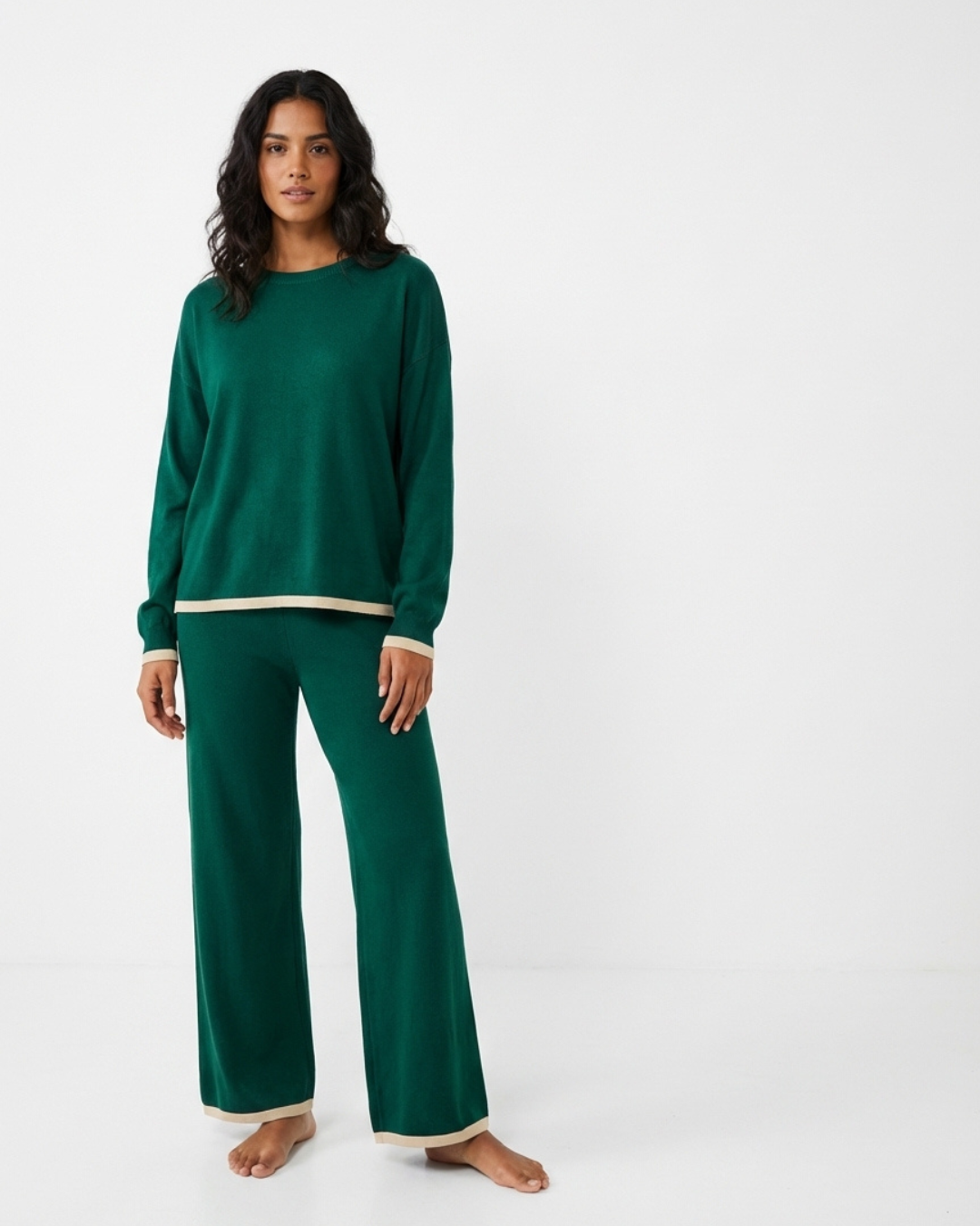 Women’s Knitted Two-Piece Set – O-Neck Top and Wide-Leg Trousers Loungewear
