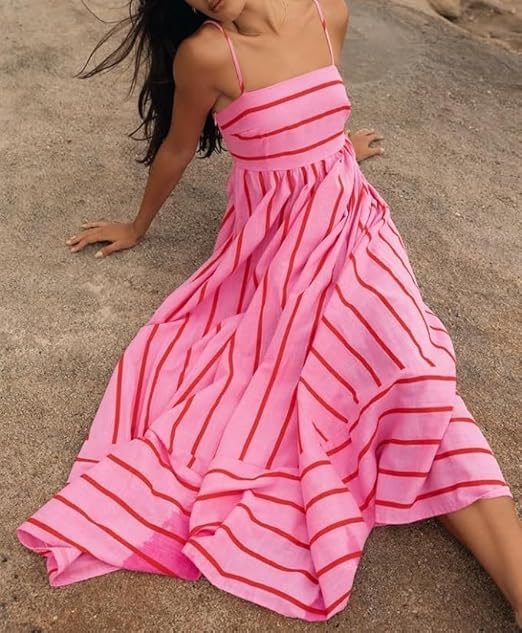 Women's Pink Striped Maxi Dress – Flowy Pleated Summer Sundress with Contrasting Stripes