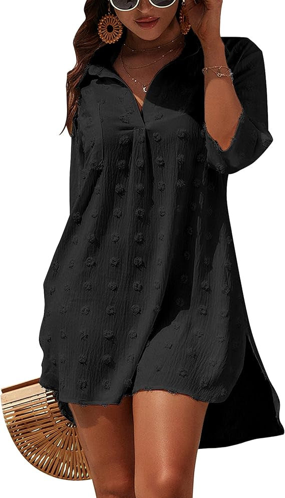 Women’s Solid-Color Three-Quarter-Sleeve Beach Cover-Up Dress – Sun-Protective Style