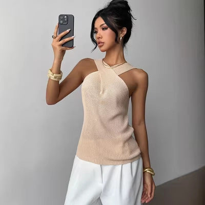 Women's Sleeveless Knit Vest - Cross Neck Pullover Top