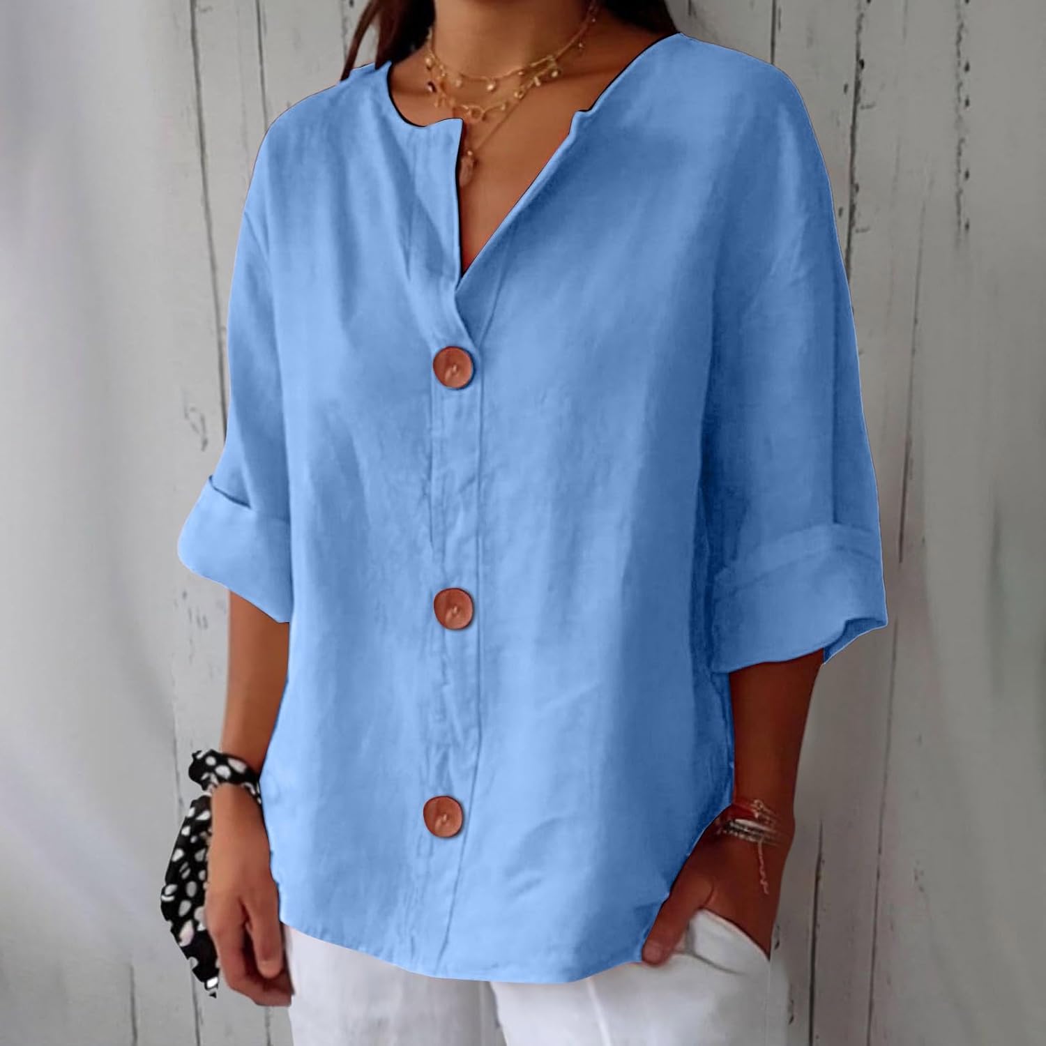 Women's Beige Linen Notch-Neck Button-Down Blouse