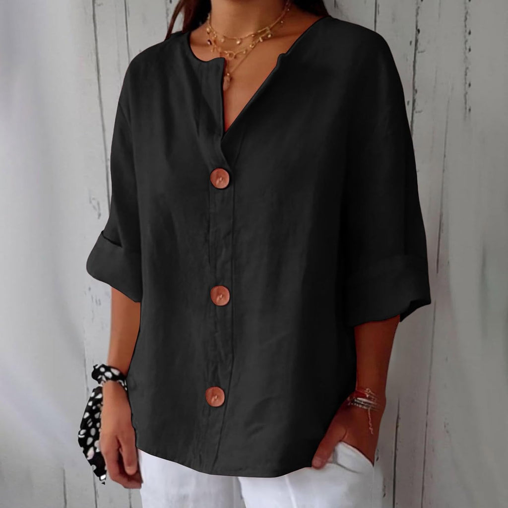 Women's Beige Linen Notch-Neck Button-Down Blouse
