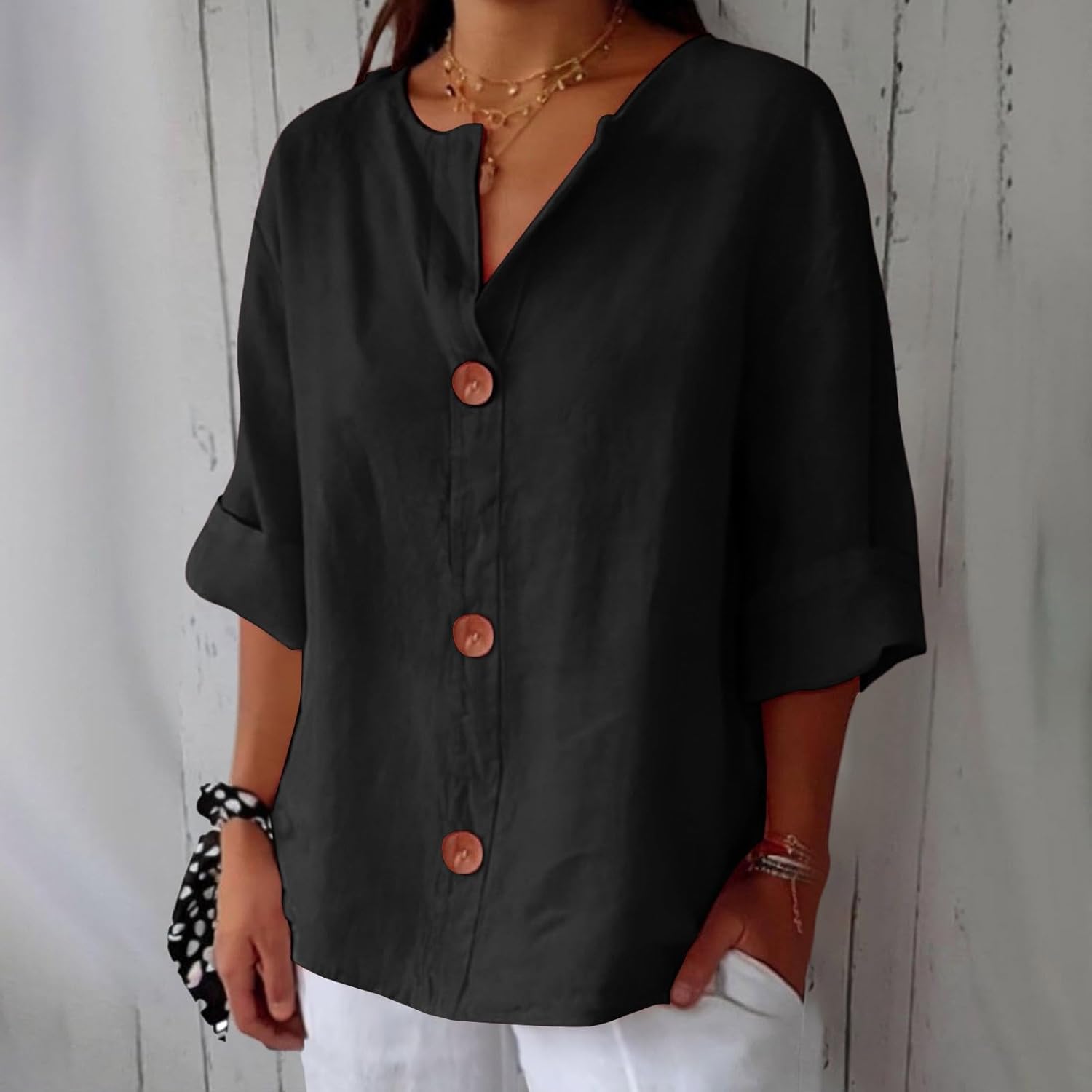 Women's Beige Linen Notch-Neck Button-Down Blouse