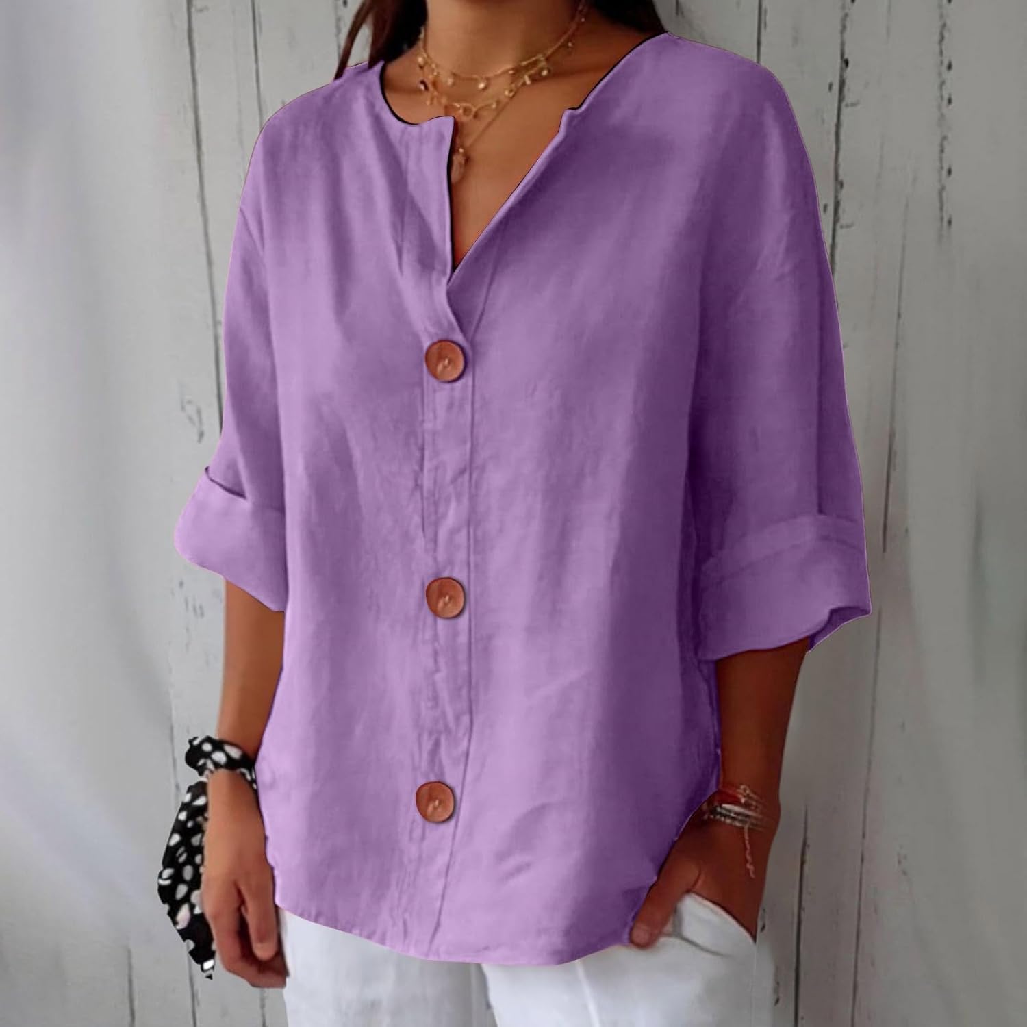 Women's Beige Linen Notch-Neck Button-Down Blouse