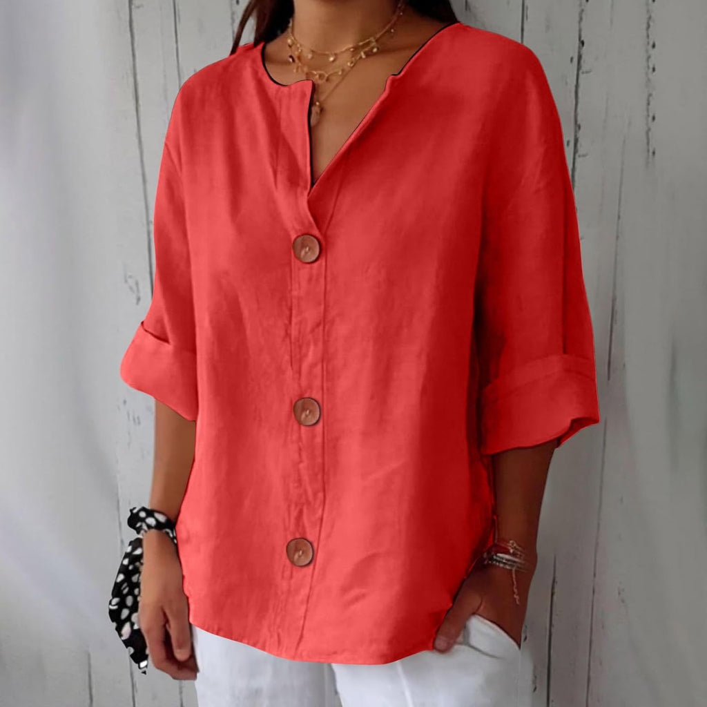 Women's Beige Linen Notch-Neck Button-Down Blouse