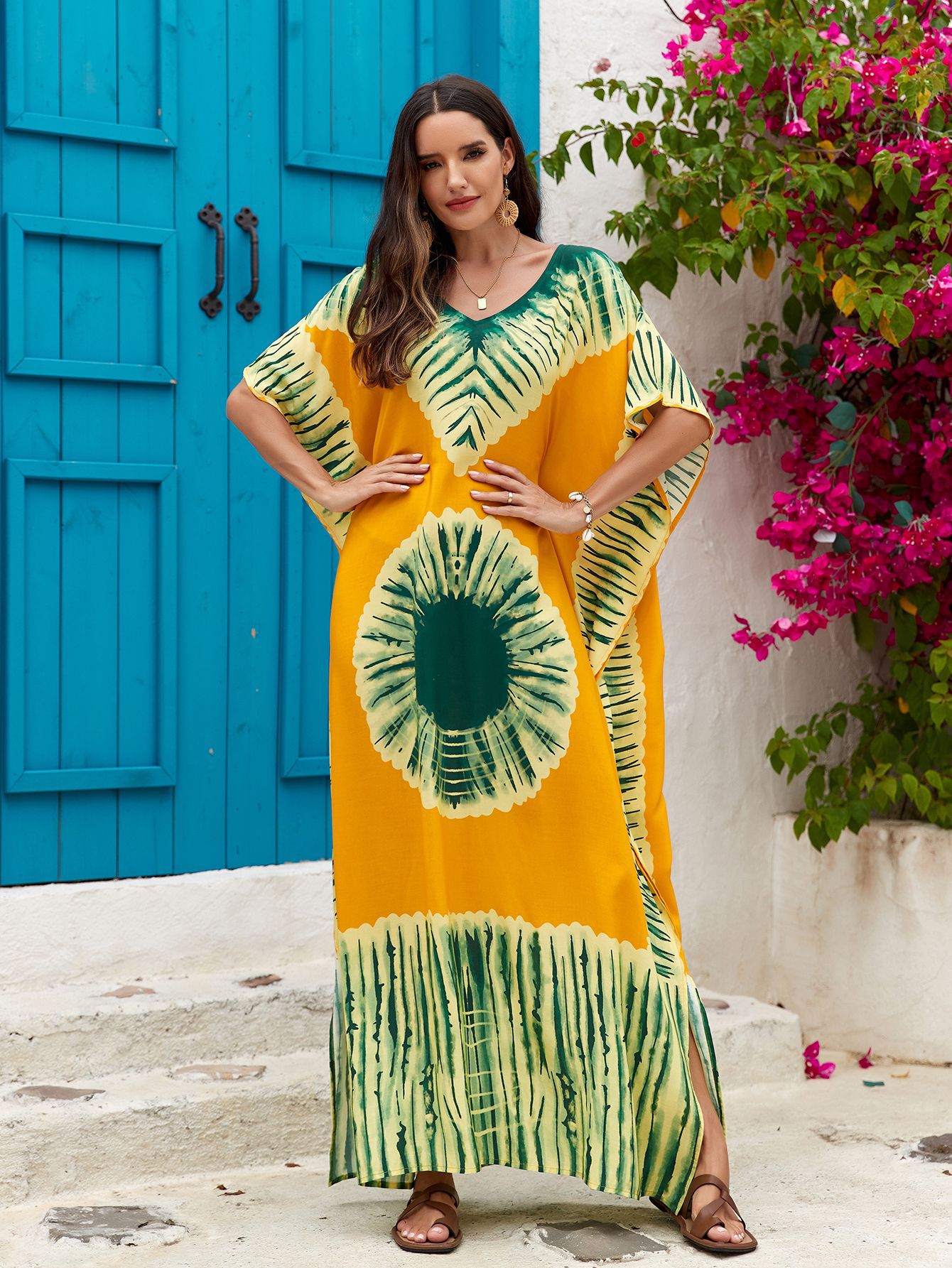 Women's Printed V-Neck Maxi Holiday Dress - Relaxed One Size Daywear