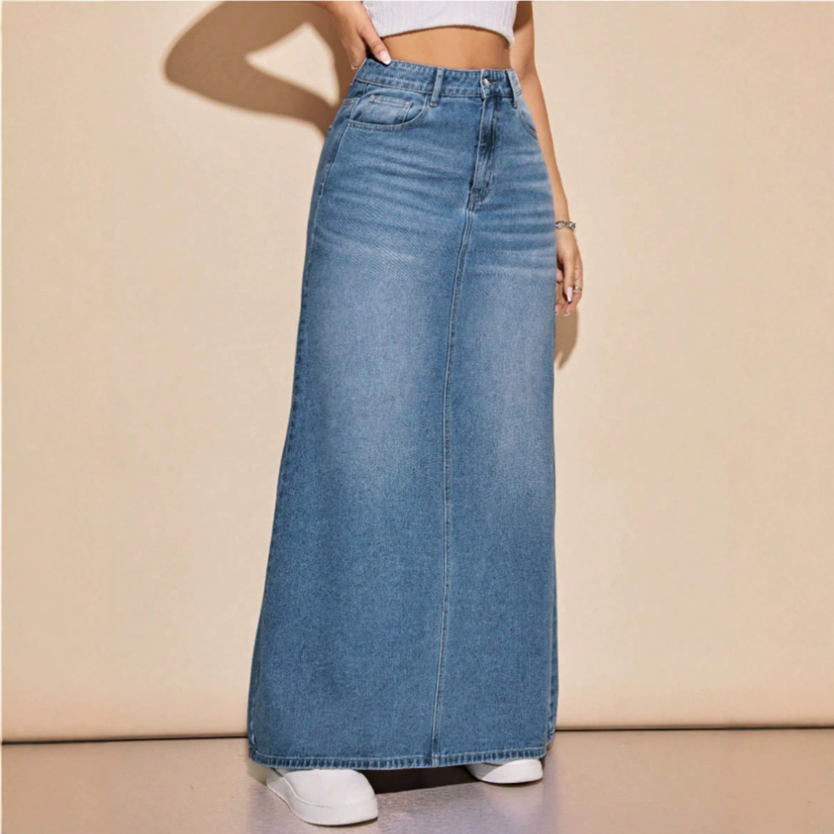 Washed Denim Long Skirt - Casual and Versatile