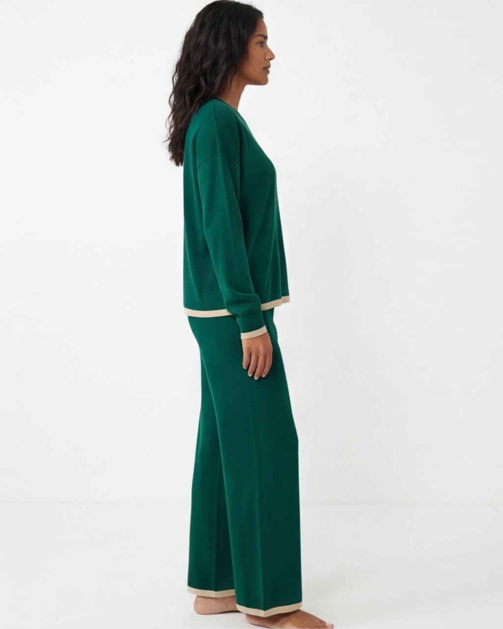Women’s Knitted Two-Piece Set – O-Neck Top and Wide-Leg Trousers Loungewear