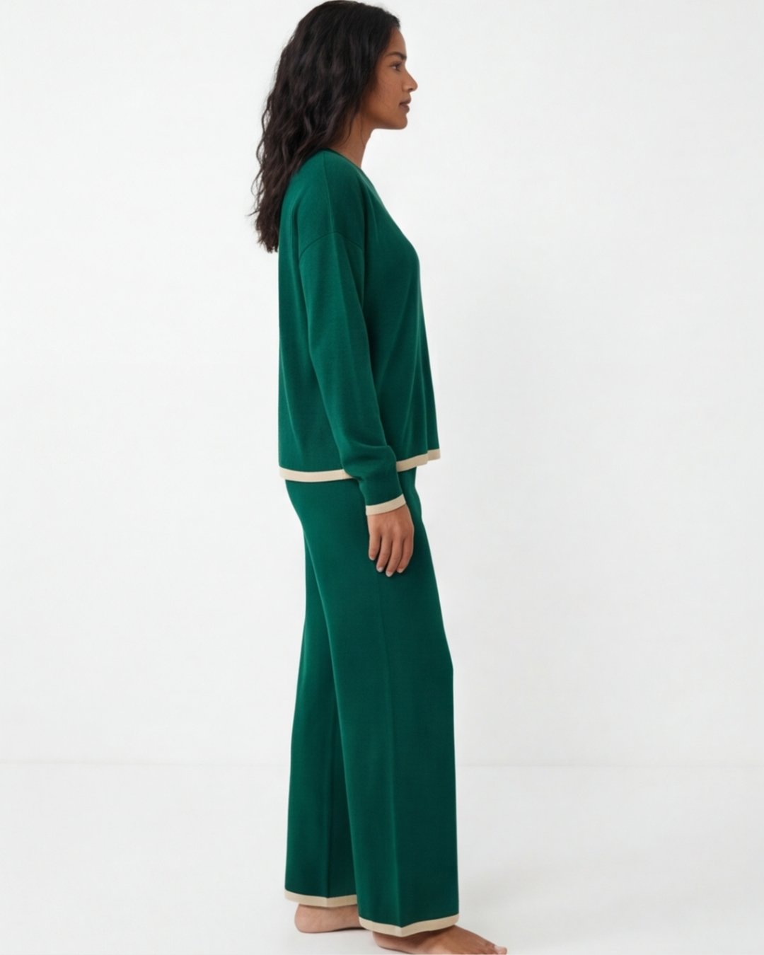 Women’s Knitted Two-Piece Set – O-Neck Top and Wide-Leg Trousers Loungewear