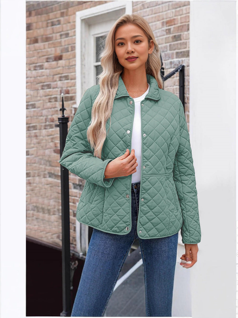 Women’s Solid Color Quilted Jacket – Casual Lapel Warm Outerwear Style