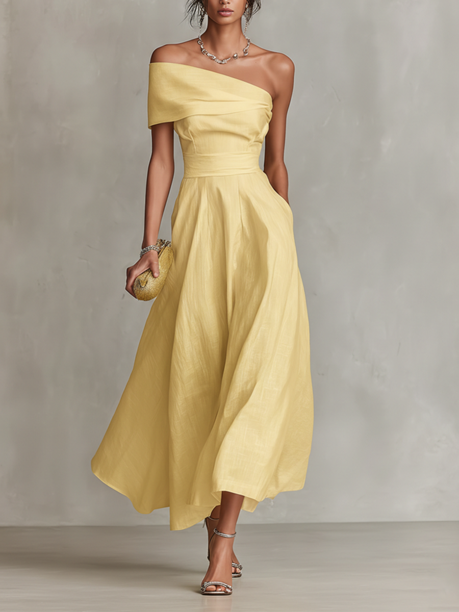 Women's Yellow Linen Midi Dress - One Shoulder Fitted Waist Style