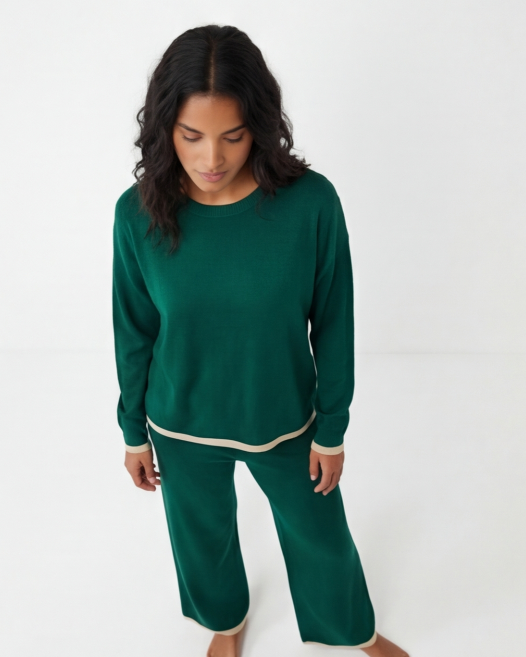Women’s Knitted Two-Piece Set – O-Neck Top and Wide-Leg Trousers Loungewear