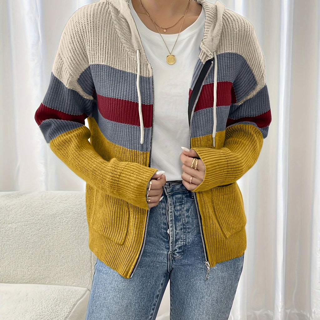 Women’s Color Block Hooded Zip Cardigan – Cozy Casual Layer
