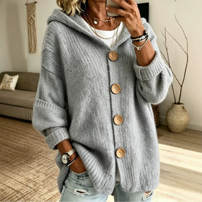 Women’s Solid Color Hooded Cardigan Sweater – Long Sleeve Button-Down Knit Casual Everyday Style