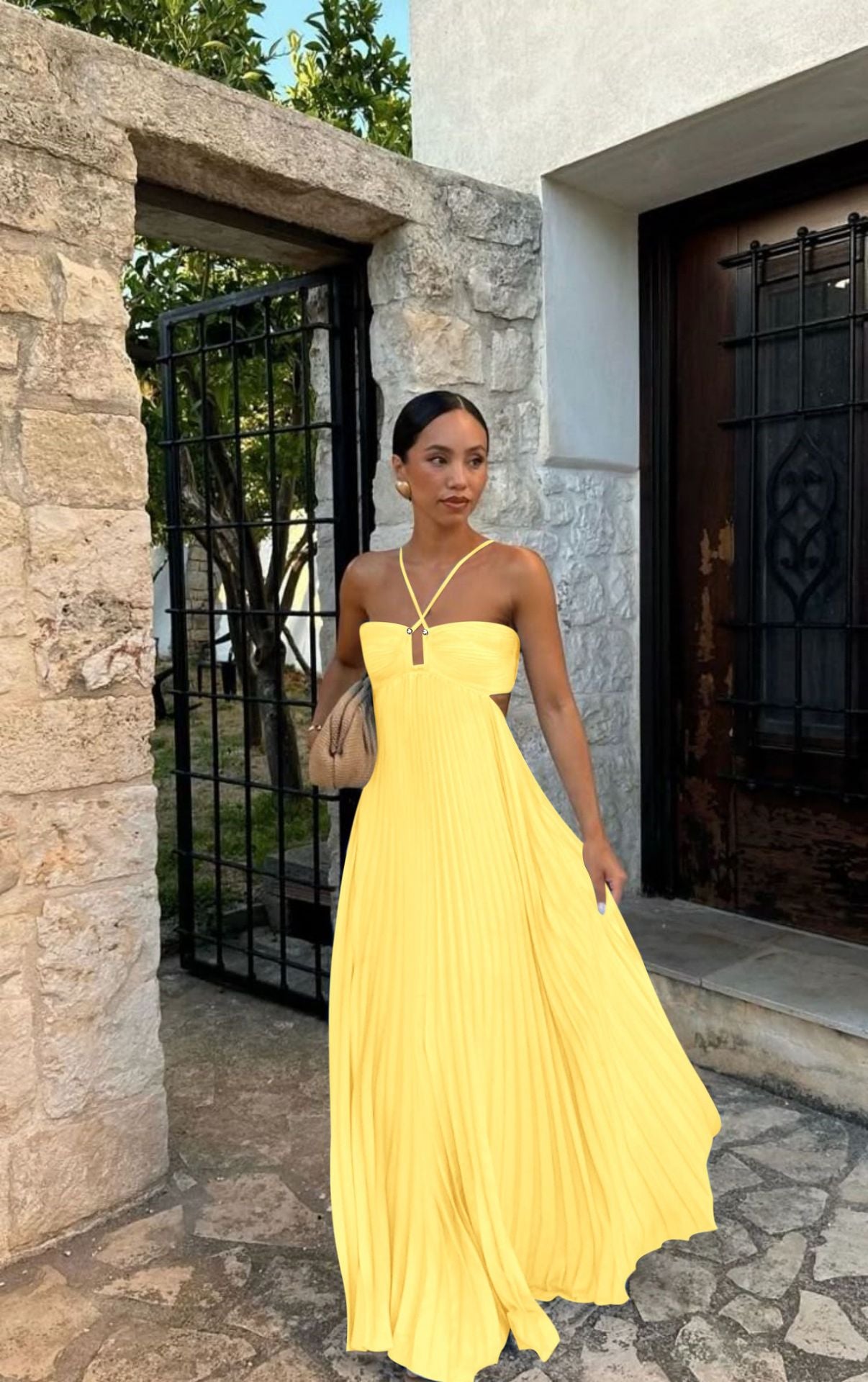 Women's Pleated Sleeveless Halter Dress – Elegant Evening Party Style