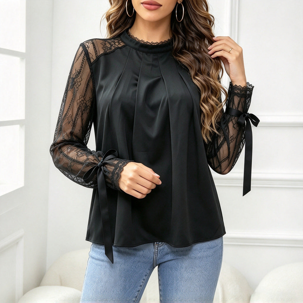 High-Neck Pleated Lace Blouse - Elegant and Refined