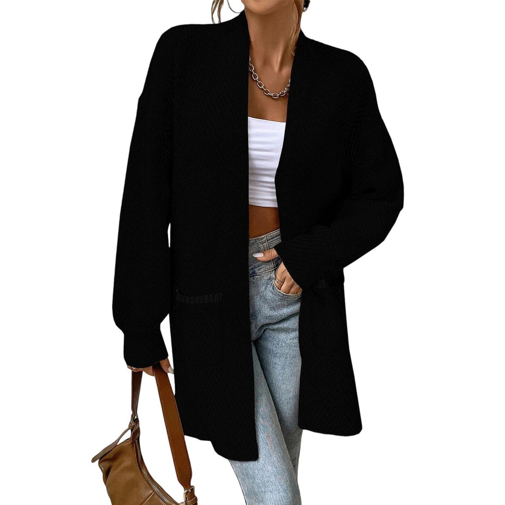 Pocket Long-Sleeve Knit Sweater - Loose and Casual