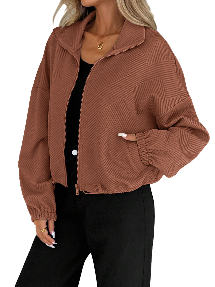 Women’s High-Collar Zipper Jacket – Loose-Fit Drawstring Hem Casual Autumn Winter Style